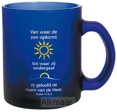 Mok blauw glas ps 113:3 van waar de zon