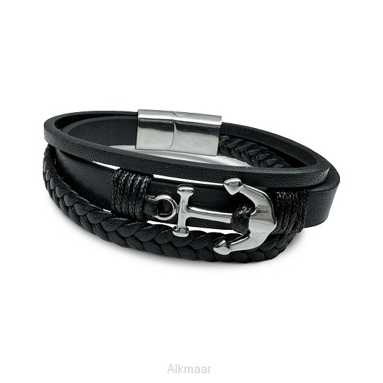 Leren armband zilver anker 21,5cm