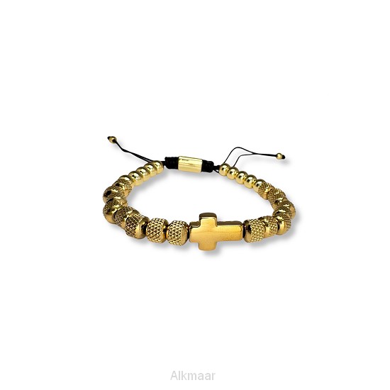 Armband  RVS kralen/kruisje  goud