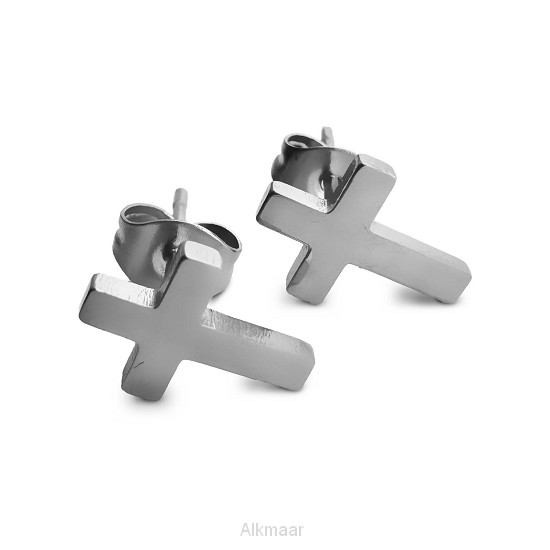 Oorbel knopje kruisje zilver