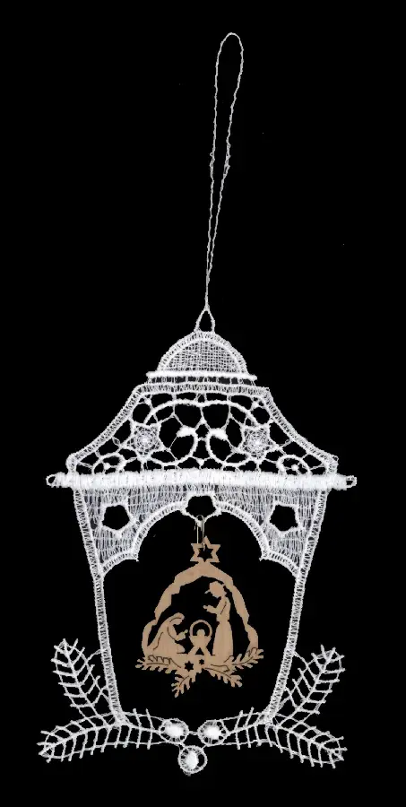 Lace hanger Lantern with wood nativity o